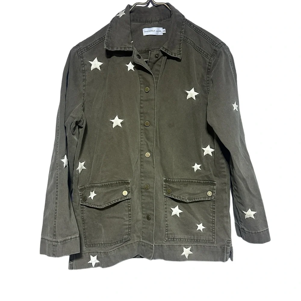 Sincerely Jules Military Vintage Look Distressed Snap Front Jacket Shirt XS - Picture 4 of 13